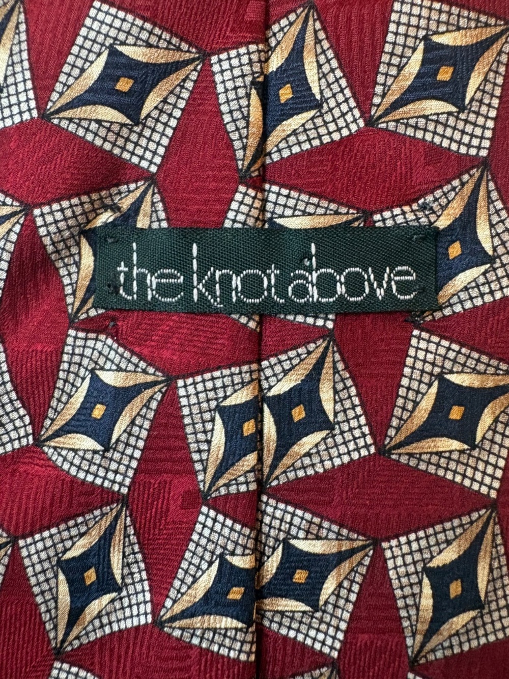 Vintage The Knot Above 100% Silk Geometric Men's Necktie Burgundy Gold Red